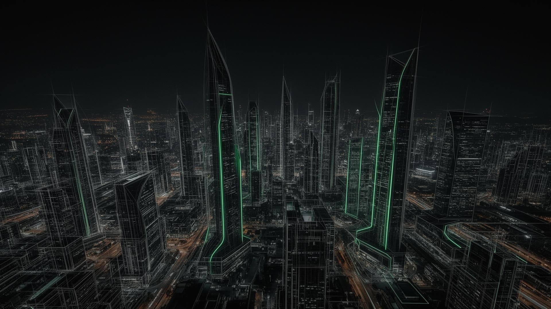 Skyline em wireframe técnico com arestas de projeto destacadas