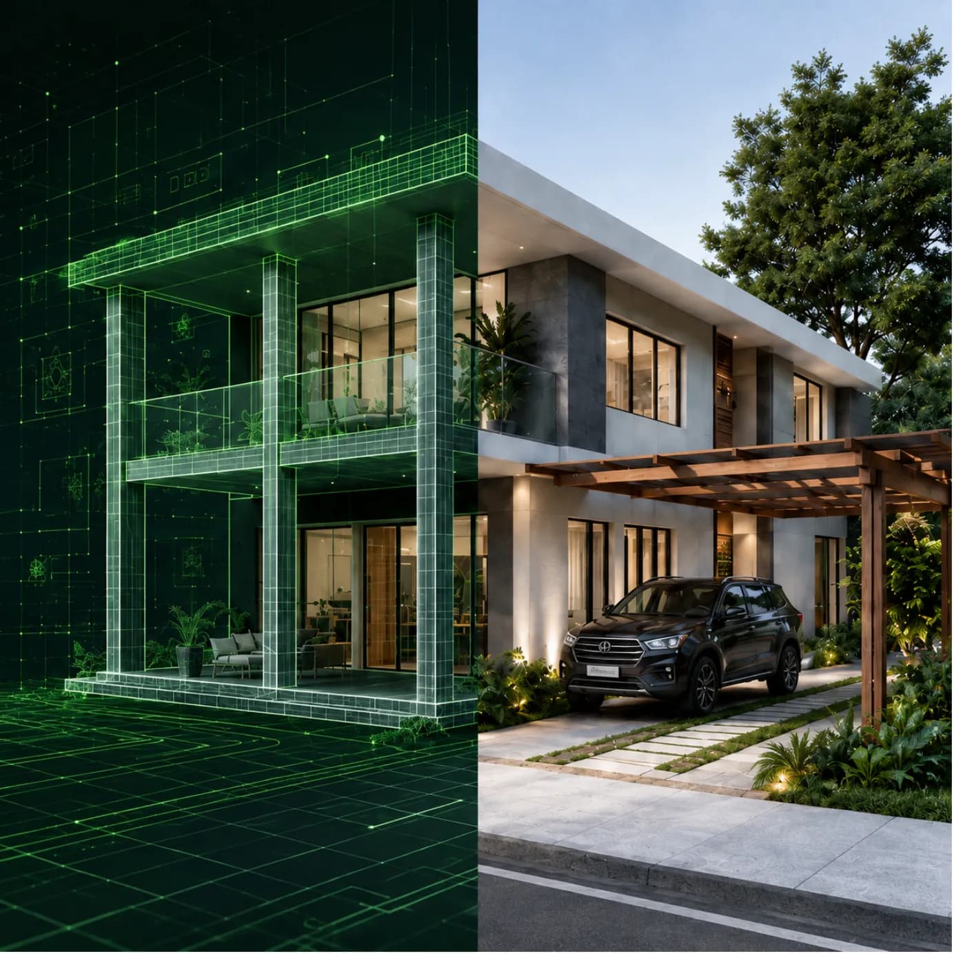 A mesma residência em duas metades: à esquerda o modelo BIM em wireframe, à direita a obra construída