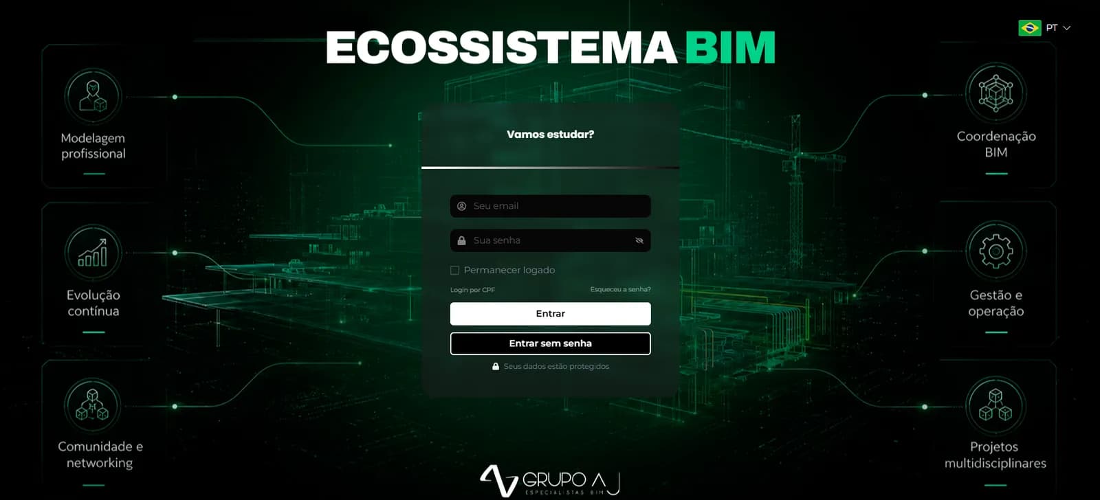 Tela de entrada da plataforma Ecossistema BIM do Grupo AJ, sobre um modelo BIM em wireframe